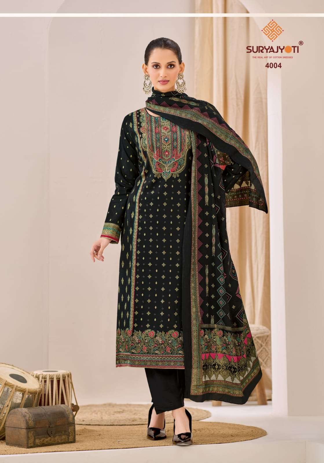 PALLAVI ADVANCE VOL-4 SERIES 4001 TO 4006 BY SURYAJYOTI DESIGNER PRINTED AND WORK JAM SATIN SUITS ARE AVAILABLE AT WHOLESALE PRICE