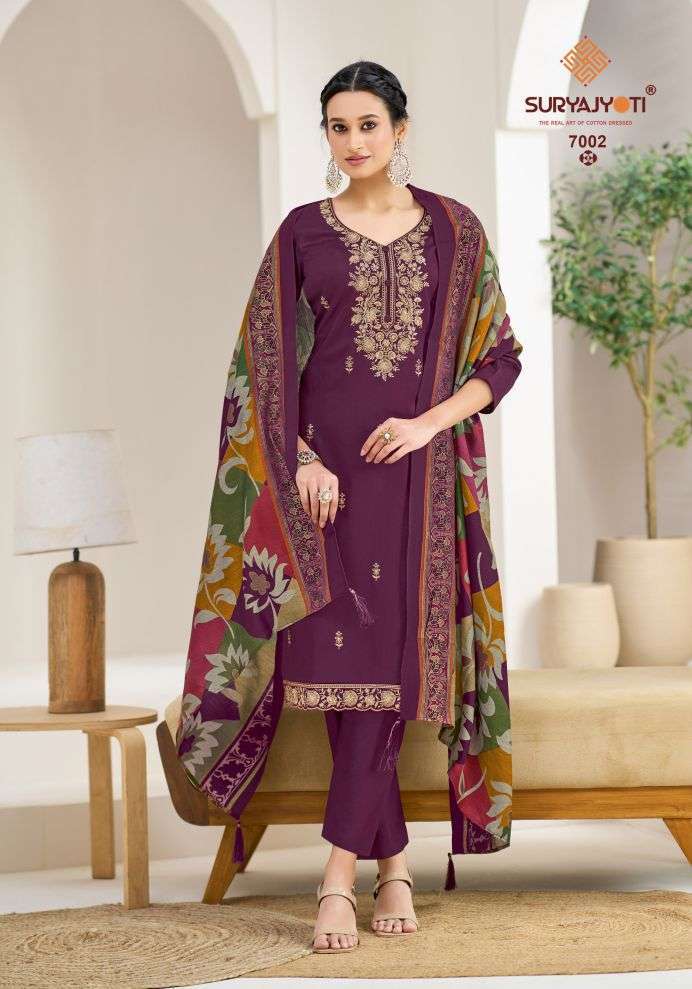 PASHAN VOL-7 SERIES 7001 TO 7006 BY SURYAJYOTI DESIGNER WITH WORK JAM SATIN SUITS ARE AVAILABLE AT WHOLESALE PRICE