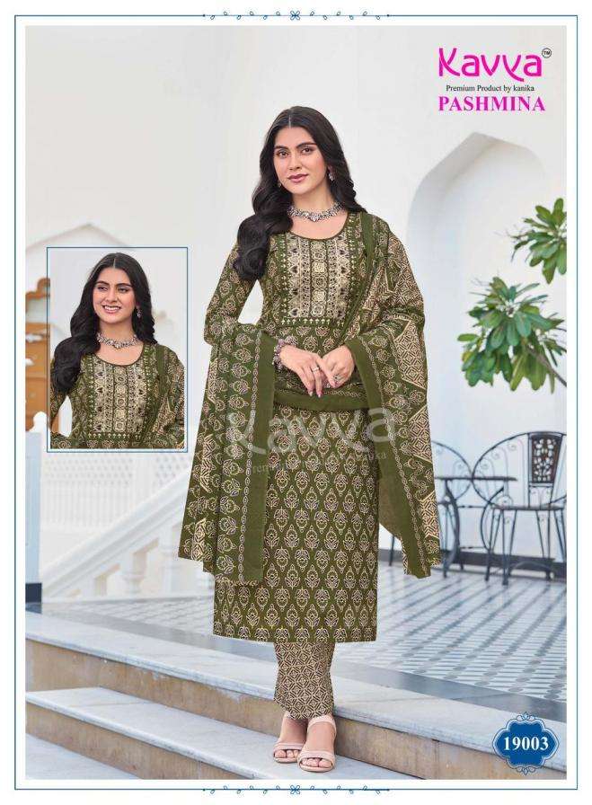 PASHMINA VOL-19 SERIES 19001 TO 19010 BY KAVYA DESIGNER PRINTED AND EMBROIDERY WORK COTTON KURTI WITH BOTTOM AND DUPATTA ARE AVAILABLE AT WHOLESALE PRICE