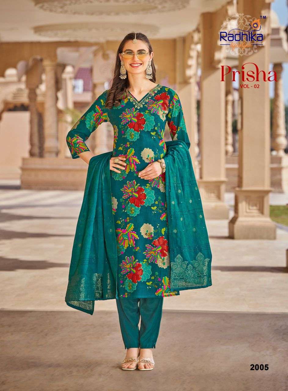 PRISHA VOL-2 SERIES 2001 TO 2006 BY RADHIKA LIFESTYLE DESIGNER DIGITAL PRINTED AND HAND WORK TOP WITH BOTTOM AND DUPATTA ARE AVAILABLE AT WHOLESALE PRICE