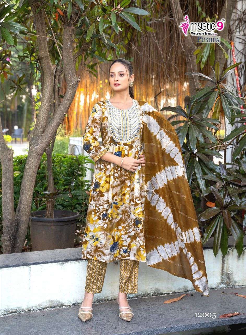 PUSHPA VOL-12 SERIES 12001 TO 12008 BY MYSTIC 9 DESIGNER PRINTED AND WORK RAYON CAPSULE ANARKALI KURTI WITH BOTTOM AND DUPATTA ARE AVAILABLE AT WHOLESALE PRICE