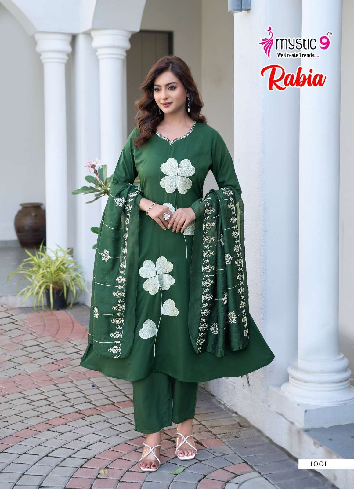 RABIA VOL-1 SERIES 1001 TO 1008 BY MYSTIC 9 DESIGNER EMBROIDERY WORK MODAL KURTI WITH BOTTOM AND DUPATTA ARE AVAILABLE AT WHOLESALE PRICE