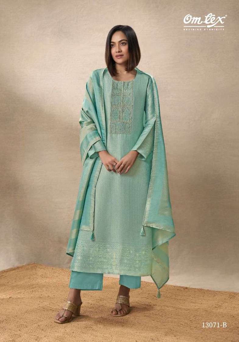 RANGARI SERIES 13071 BY OM TEX DESIGNER EMBROIDERY AND HAND WORK SILK JACQUARD SUITS ARE AVAILABLE AT WHOLESALE PRICE