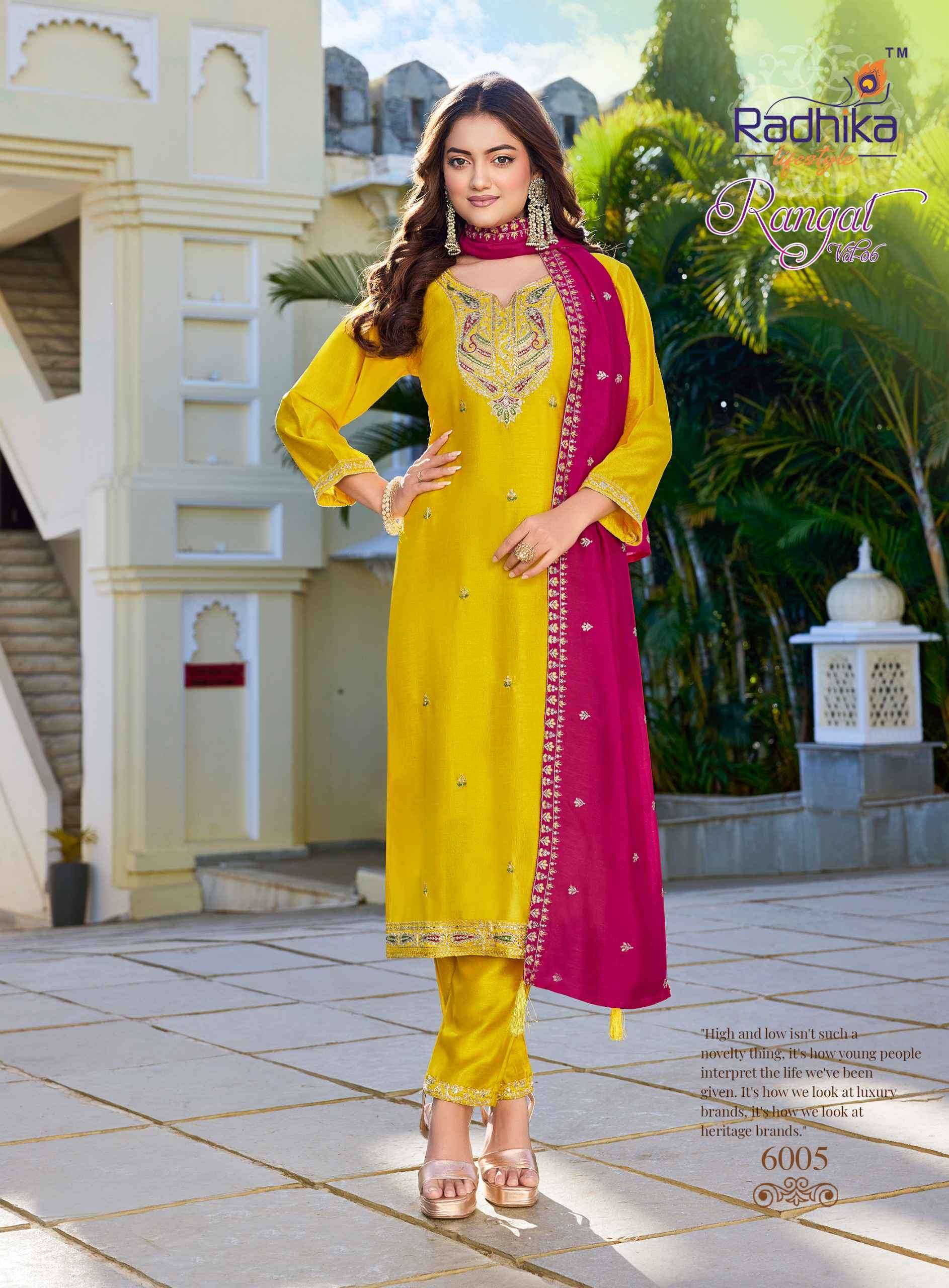 RANGAT VOL-6 SERIES 6001 TO 6008 BY RADHIKA LIFSTYLE DESIGNER EMBROIDERY WORK VICHITRA SILK TOP WITH BOTTOM AND DUPATTA ARE AVAILABLE AT WHOLESALE PRICE