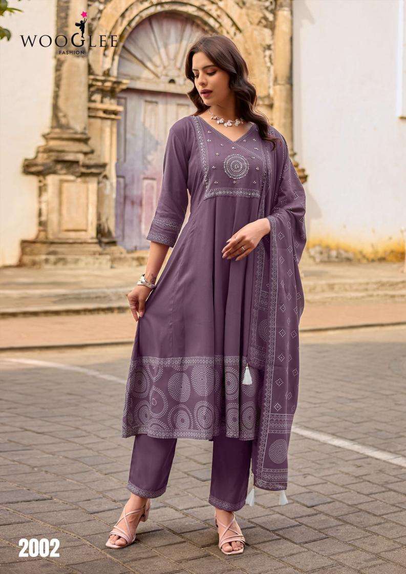 RANGVELI SERIES 2001 TO 2004 BY WOOGLE DESIGNER HAND WORK RAYON KURTI WITH BOTTOM AND DUPATTA ARE AVAILABLE AT WHOLESALE PRICE