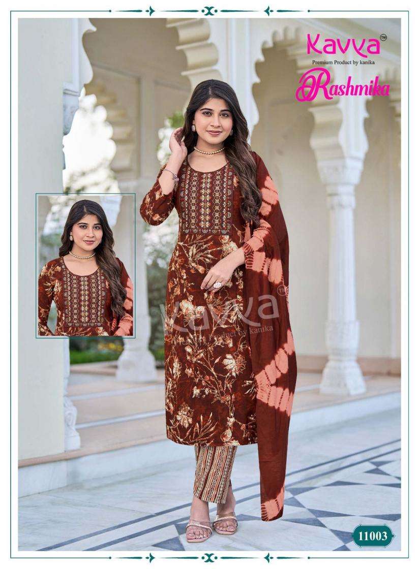 RASHMIKA VOL-11 SERIES 11001 TO 11010 BY KAVYA DESIGNER PRINTED AND WORK RAYON KURTI WITH BOTTOM AND DUPATTA ARE AVAILABLE AT WHOLESALE PRICE