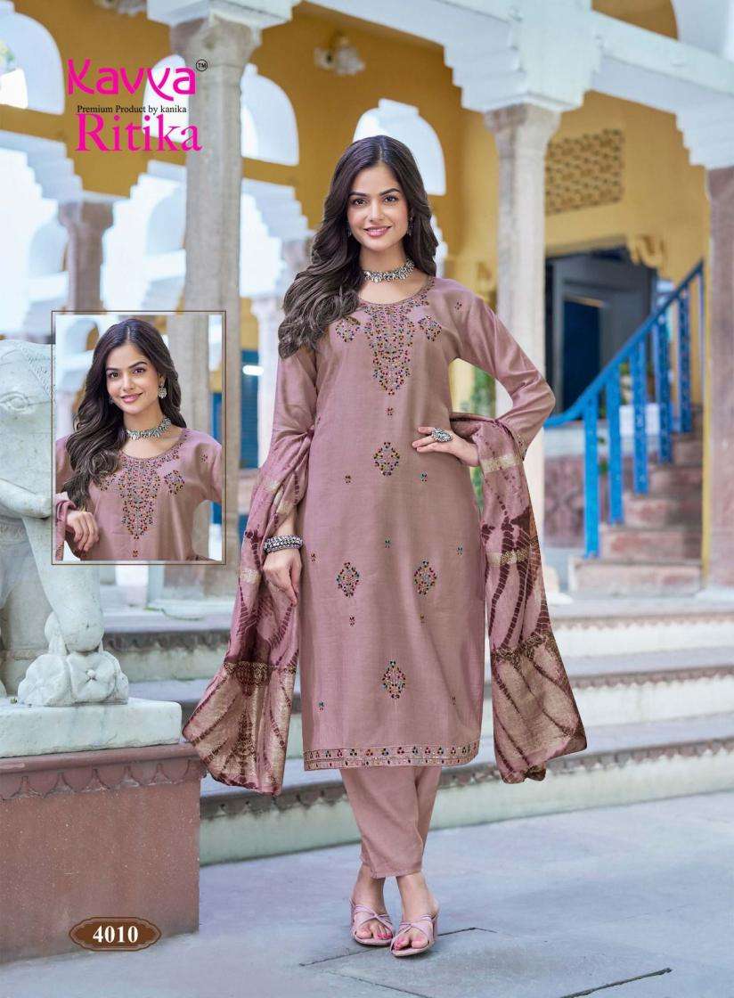 RITIKA VOL-4 SERIES 4001 TO 4010 BY KAVYA DESIGNER WORK VISCOSE VATICAN TOP WITH BOTTOM AND DUPATTA ARE AVAILABLE AT WHOLESALE PRICE