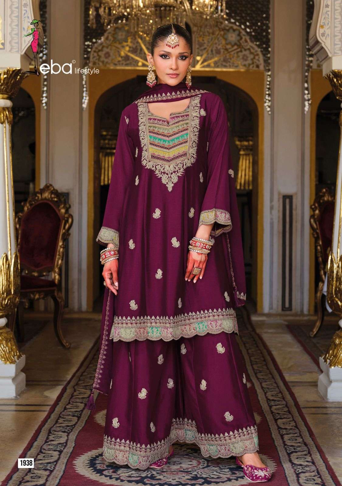 RIVAA SERIES 1938 TO 1940 BY EBA DESIGNER READYMADE CHINON SUITS WITH EMBROIDERY WORK SUITS ARE AVAILABLE AT WHOLESALE PRICE