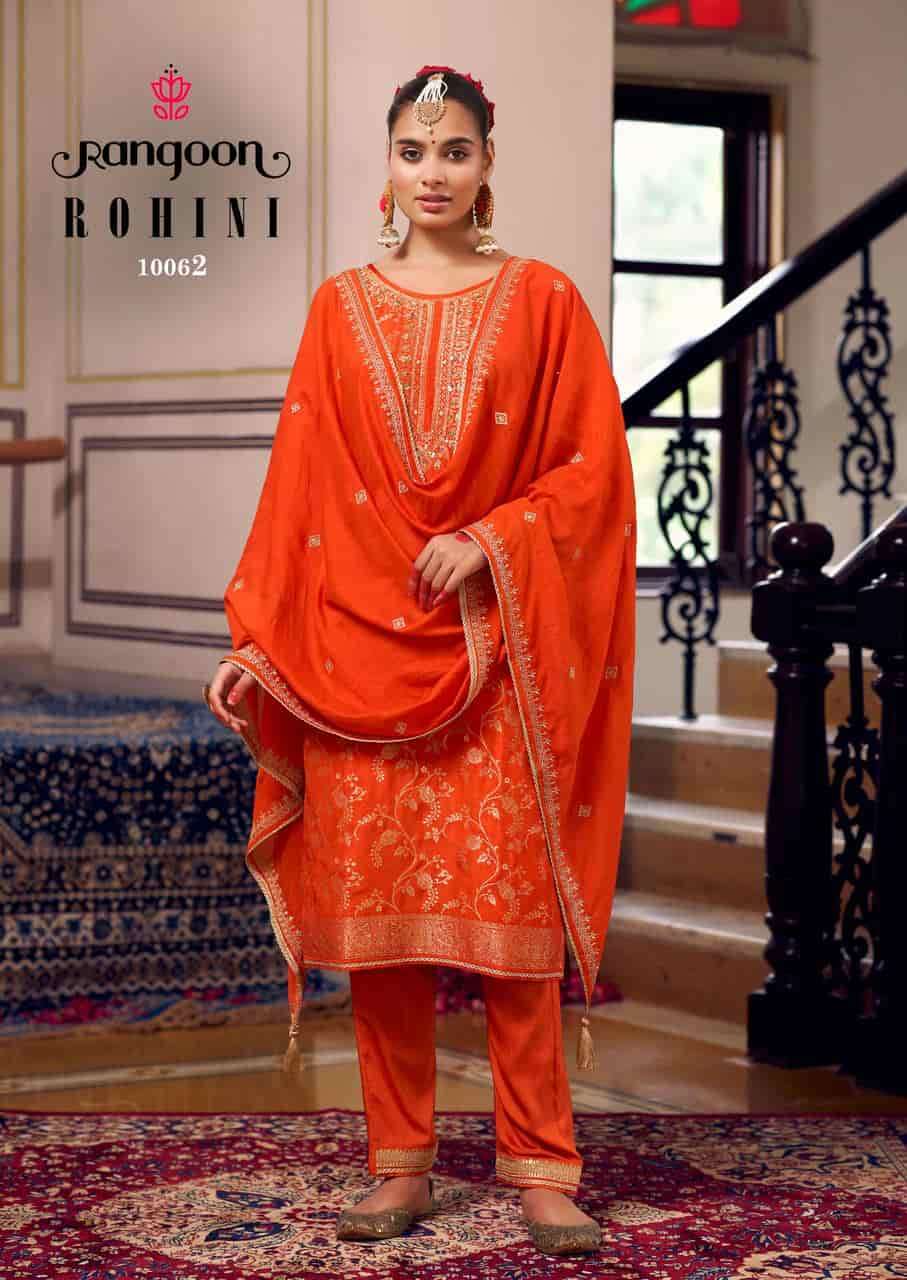 ROHINI SERIES 10061 TO 10064 BY RANGOON DESIGNER KHATLI HAND WORK DOLA RUSSIAN JACQUARD TOP WITH BOTTOM AND DUPATTA ARE AVAILABLE AT WHOLESALE PRICE
