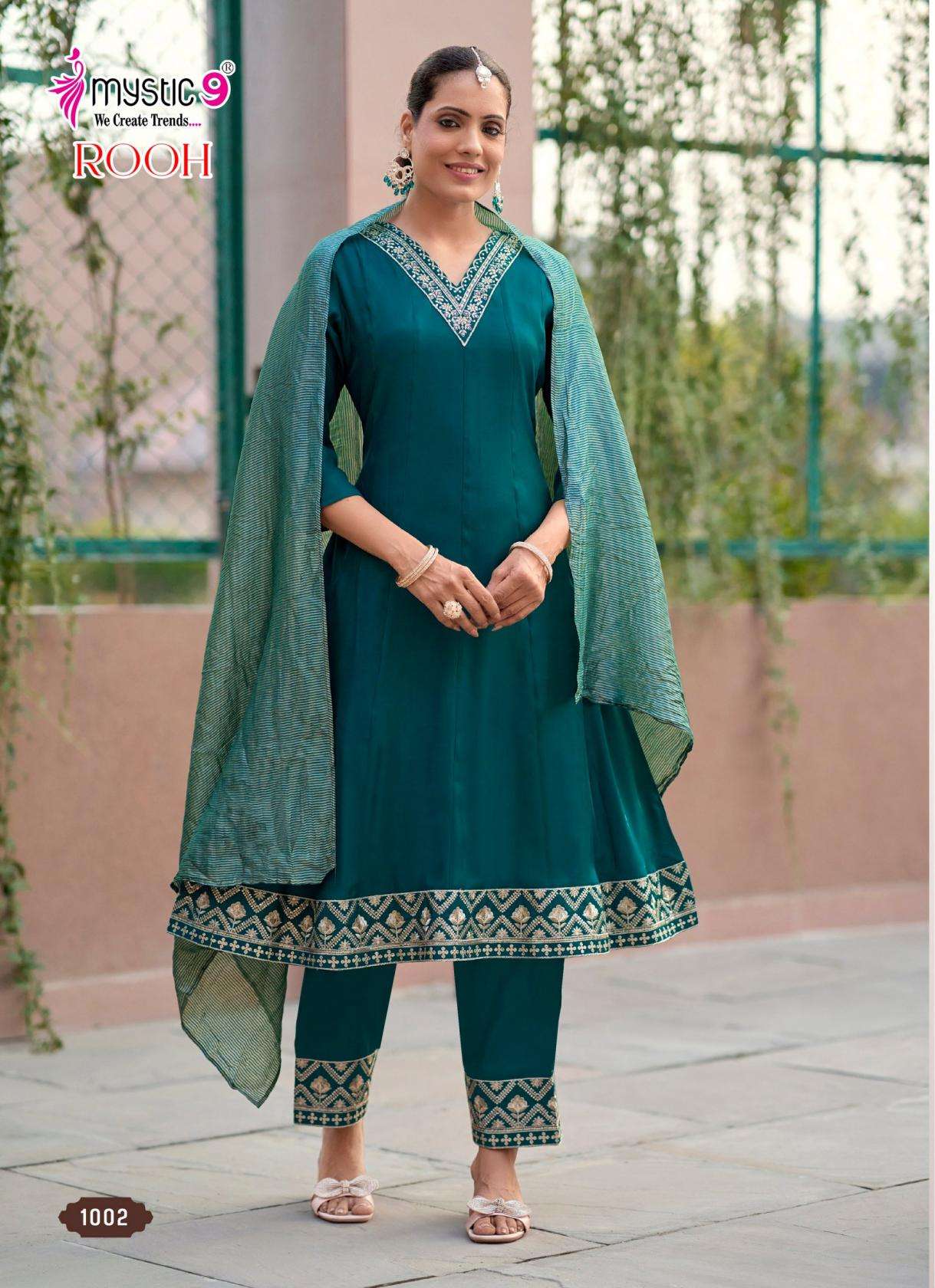 ROOH VOL-1 SERIES 1001 TO 1008 BY MYSTIC 9 DESIGNER EMBROIDERY WORK ROMAN GLASS TOP WITH BOTTOM AND DUPATTA ARE AVAILABLE AT WHOLESALE PRICE