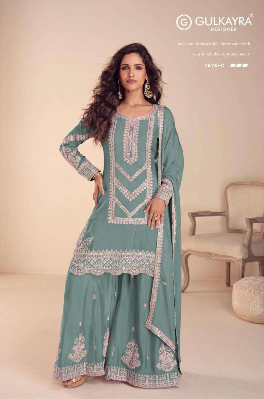 SAACHI SERIES 7676 BY GULKAYRA DESIGNER EMBROIDERY WORK CHINON READYMADE SUITS ARE AVAILABLE AT WHOLESALE PRICE