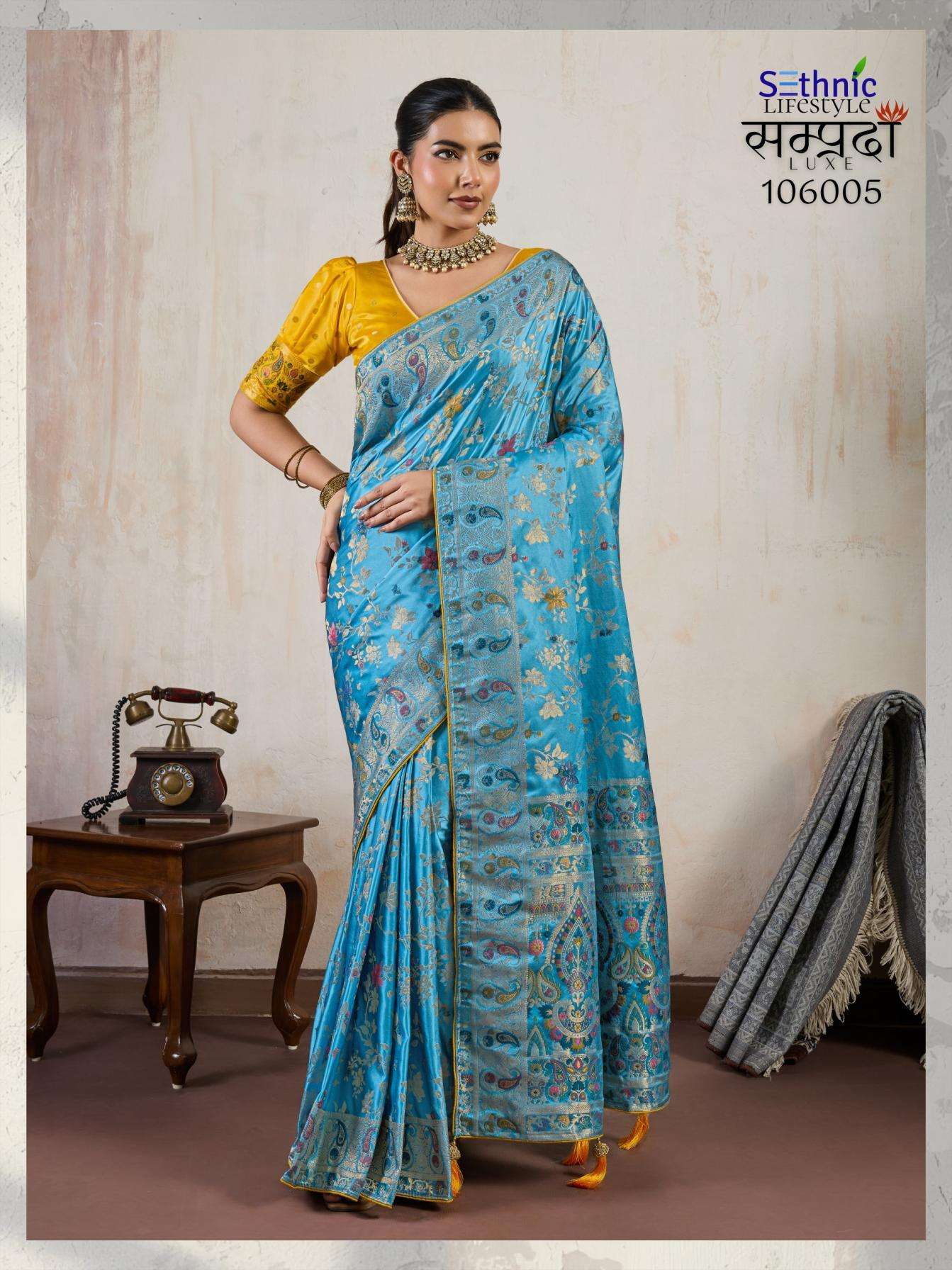 SAMPRADA LUXE SERIES 106005 TO 106008 SAREE BY SETHNIC DESIGNER SATIN MAKHMAL SAREES ARE AVAILABLE AT WHOLESALE PRICE