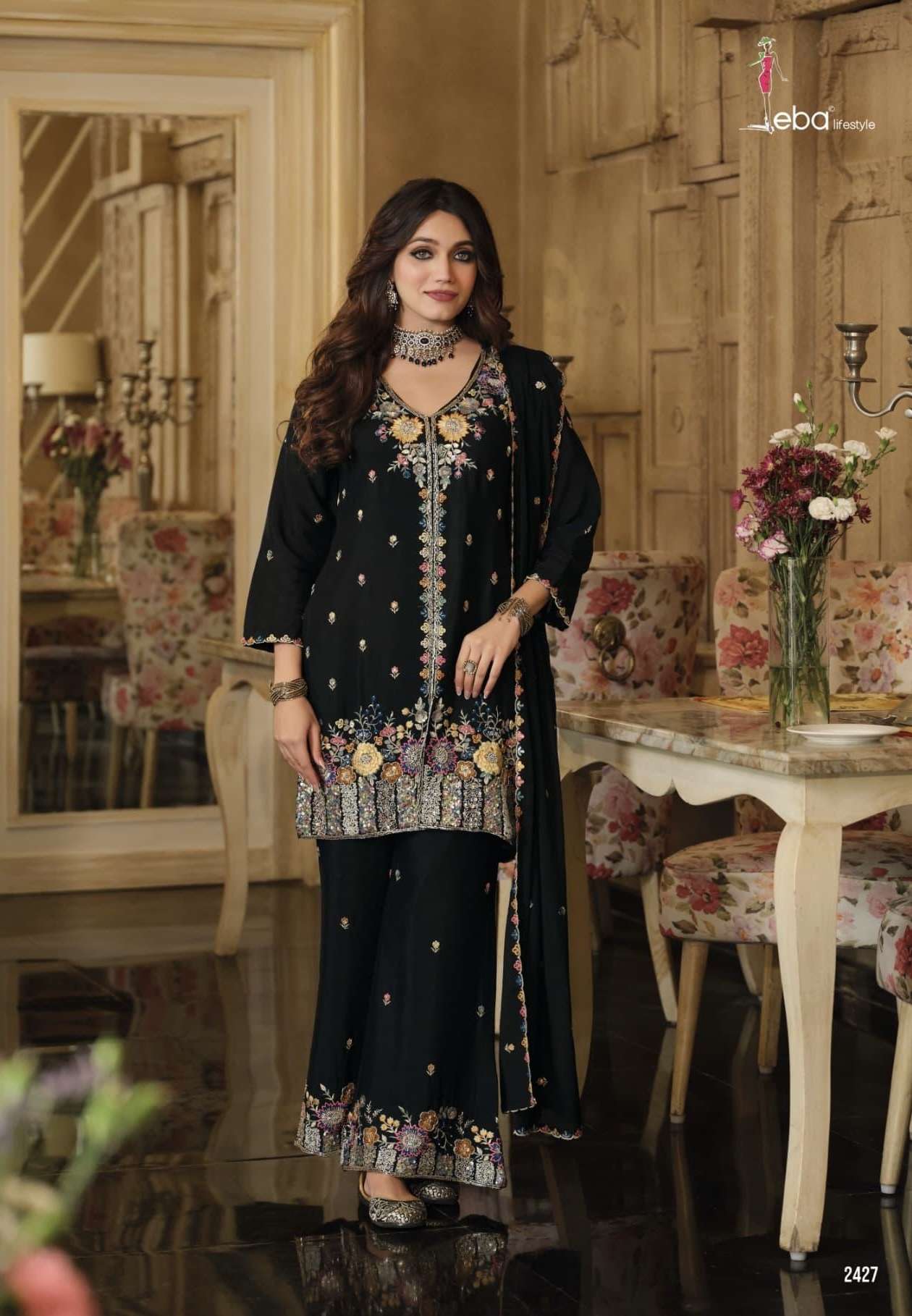 SANVI BLACK & WHITE SERIES 2426 TO 2427 BY EBA DESIGNER BEADS WORK SHIMMER SILK READYMADE SUITS ARE AVAILABLE AT WHOLESALE PRICE