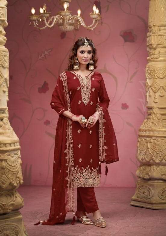 SELAH SERIES 7041 TO 7044 BY FOUR DOTS DESIGNER CRUSH WORK AND ZARKAN WORK GLASS ORGANZA SUITS ARE AVAILABLE AT WHOLESALE PRICE