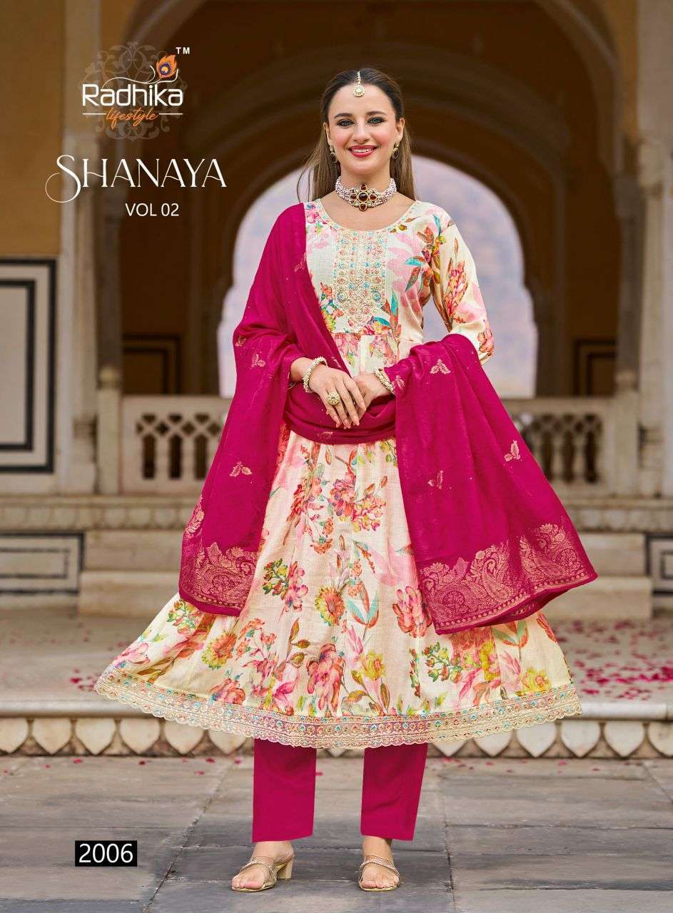 SHANAYA VOL-2 SERIES 2001 TO 2006 BY RADHIKA LIFESYLE DESIGNER PRINTED AND WORK ANARKALI KURTI WITH BOTTOM AND DUPATTA ARE AVAILABLE AT WHOLESALE PRICE