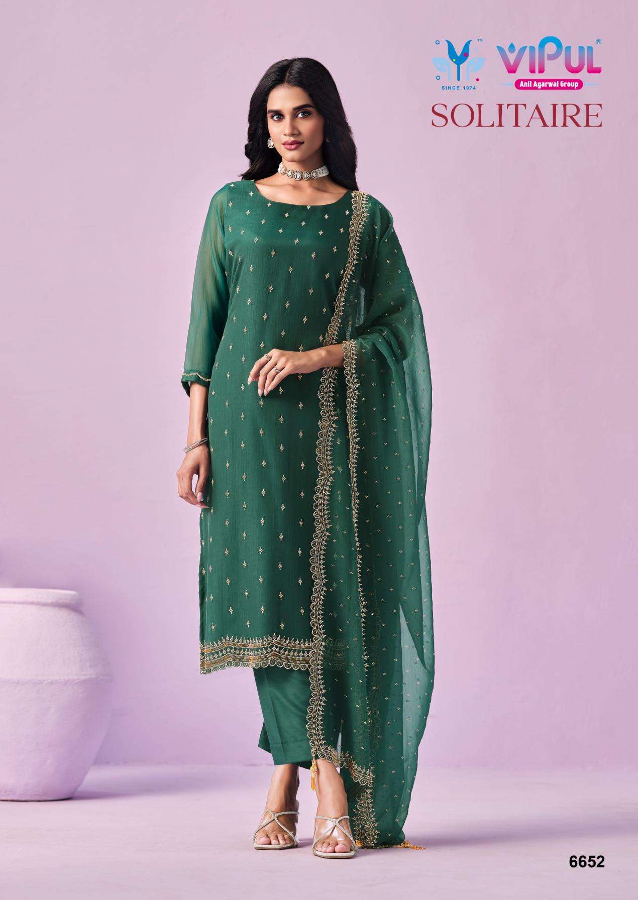 SOLITAIRE SERIES 6651 TO 6656 BY VIPUL DESIGNER BEADS WORK CHIFFONE SUITS ARE AVAILABLE AT WHOLESALE PRICE
