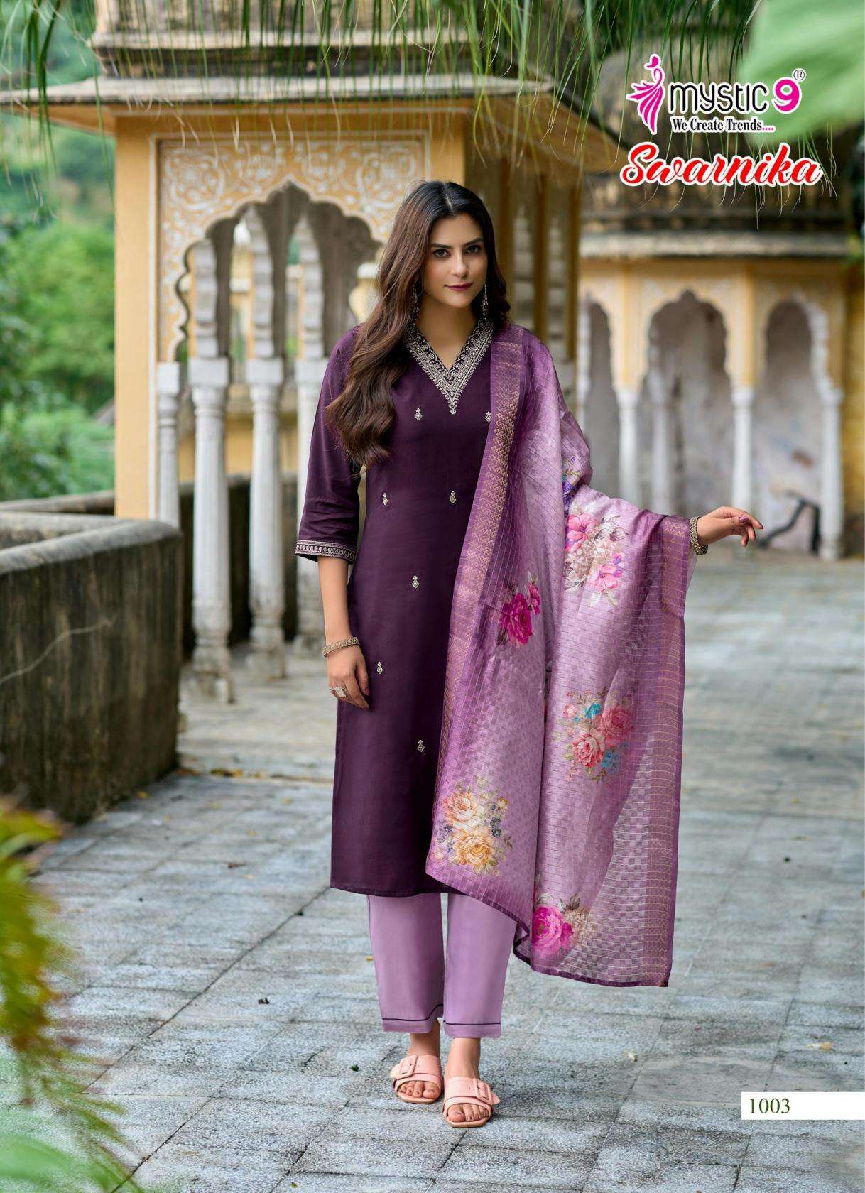 SWARNIKA VOL-1 SERIES 1001 TO 1008 BY MYSTIC 9 DESIGNER EMBROIDERY WORK ROMAN SILK TOP WITH BOTTOM AND DUPATTA ARE AVAILABLE AT WHOLESALE PRICE