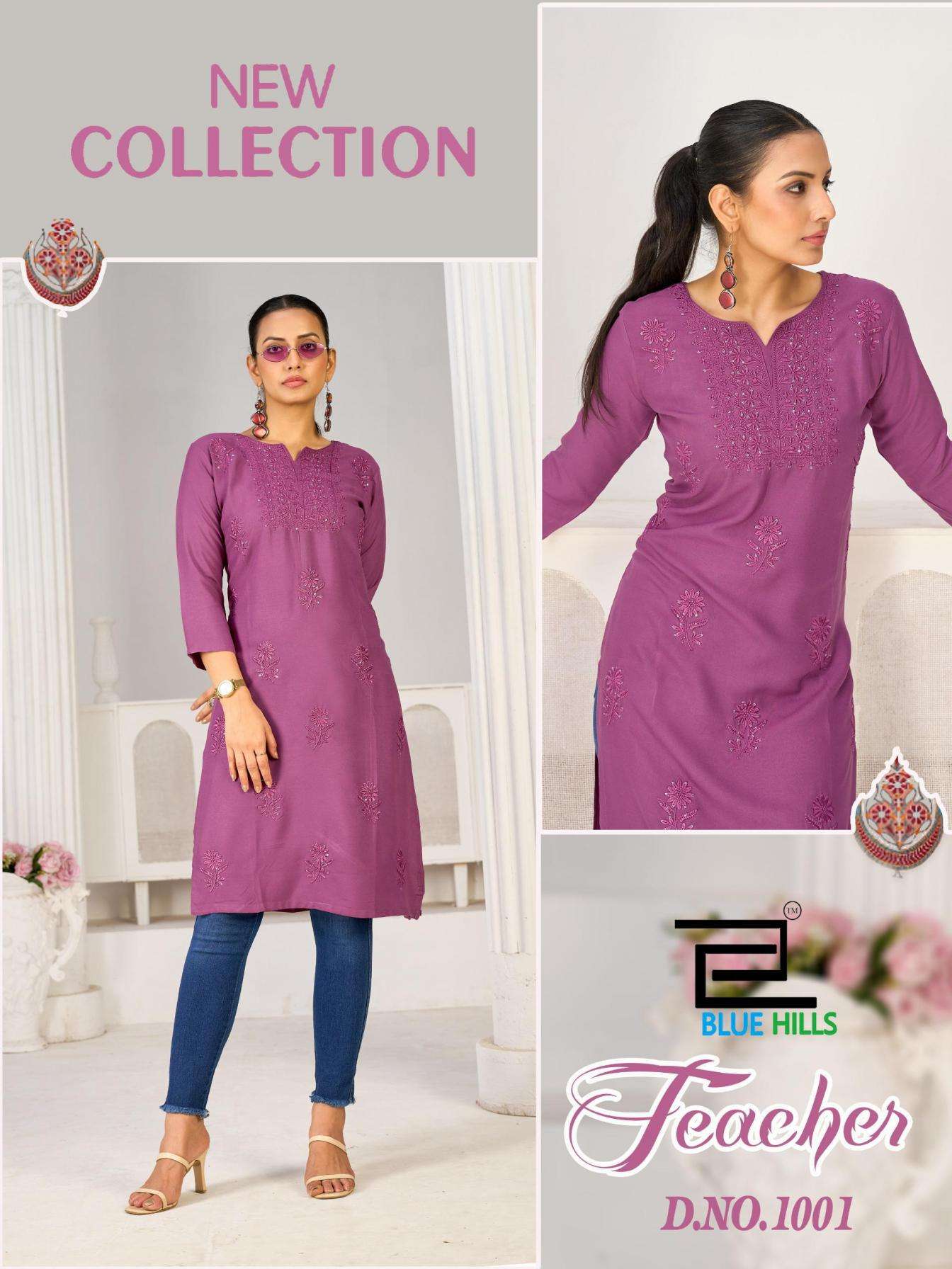 TEACHER SERIES 1001 TO 1006 BY BLUE HILLS DESIGNER EMBROIDERY AND SEQUENCE WORK RAYON KURTIS ARE AVAILABLE AT WHOLESALE PRICE