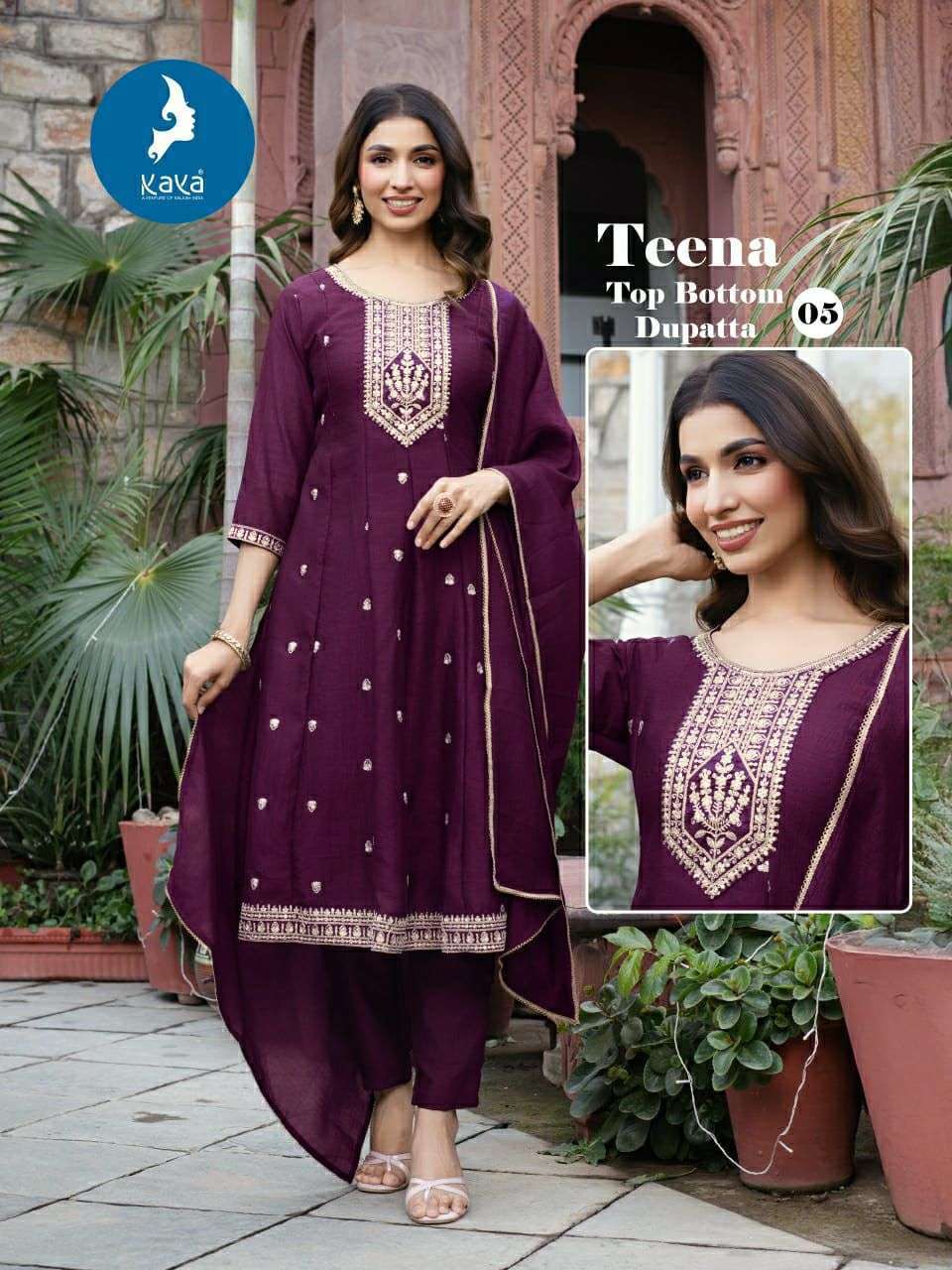 TEENA SERIES 01 TO 06 BY KAYA DESIGNER WORK VICHITRA SILK ANARKALI KURTI WITH BOTTOM AND DUPATTA ARE AVAILABLE AT WHOLESALE PRICE 