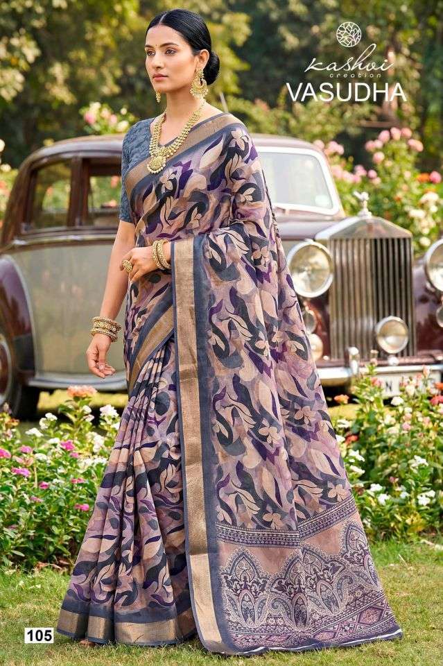 VASUDHA SERIES 101 TO 108 SAREE BY KASHVI DESIGNER DULL MOSS WITH ZARI BORDER SAREES ARE AVAILABLE AT WHOLESALE PRICE