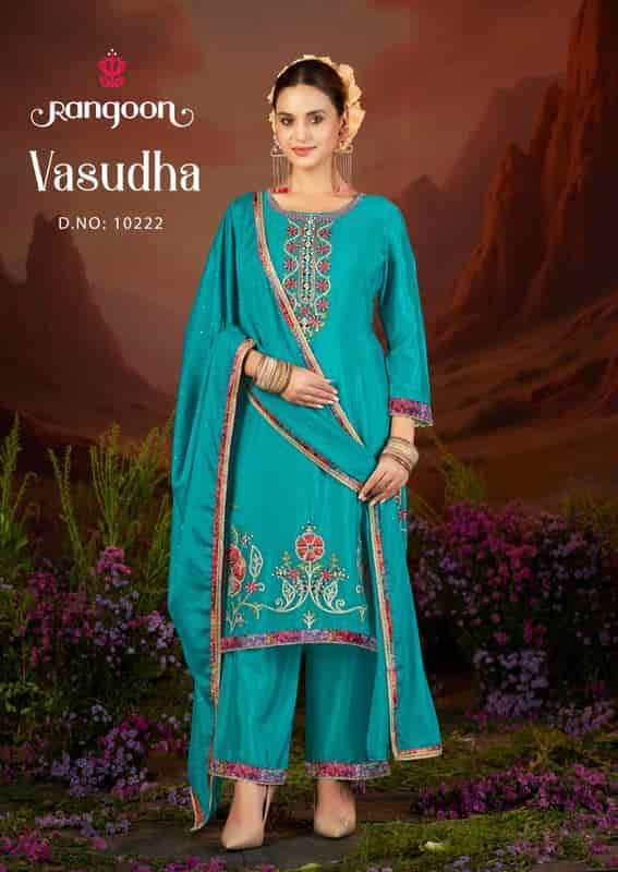 VASUDHA SERIES 10221 TO 10224 BY RANGOON DESIGNER FANCY WORK CHINON TOP WITH BOTTOM AND DUPATTA ARE AVAILABLE AT WHOLESALE PRICE
