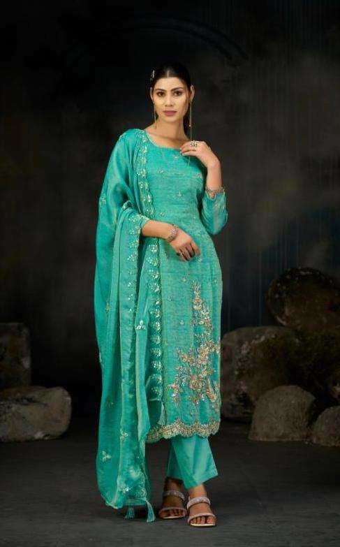 WILLOW SERIES 8011 TO 8014 BY FOUR DOTS DESIGNER HAND KHATLI WORK JACQUARD SUITS ARE AVAILABLE AT WHOLESALE PRICE