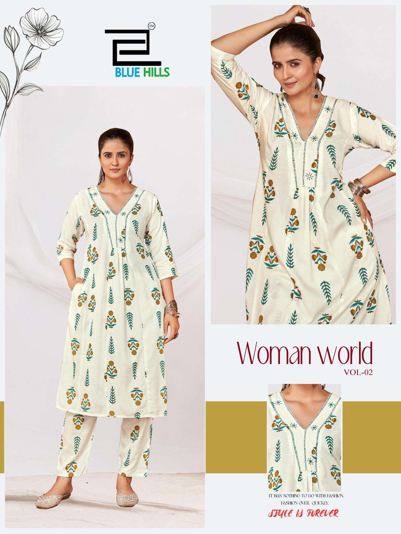 WOMAN WORLD VOL-2 SERIES 1001 TO 1004 BY BLUE HILLS DESIGNER PRINTED RAYON KURTI WITH BOTTOM ARE AVAILABLE AT WHOLESALE PRICE