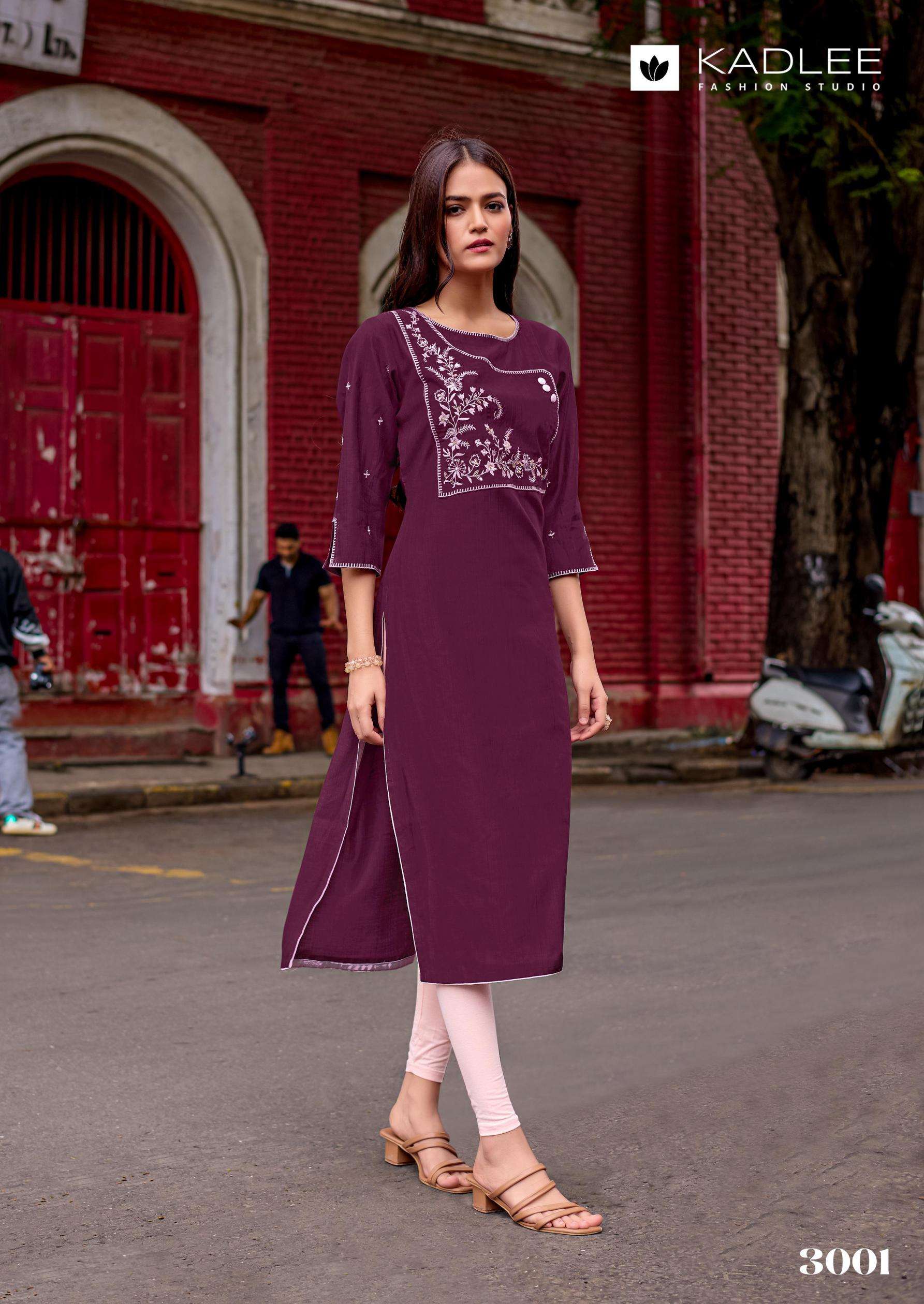 YASHVI SERIES 3001 TO 3006 KURTI BY KADLEE DESIGNER THREAD AND HAND WORK RAYON KURTI WITH BOTTOM AND DUPATTA ARE AVAILABLE AT WHOLESALE PRICE