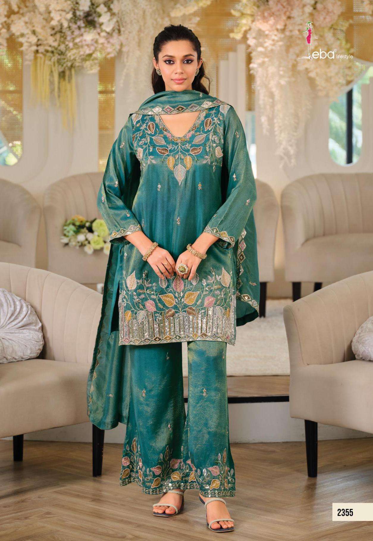 ZEENAT SERIES 2358 TO 2360 BY EBA DESIGNER BEADS WORK SHIMMER SILK READYMADE SUITS ARE AVAILABLE AT WHOLESALE PRICE