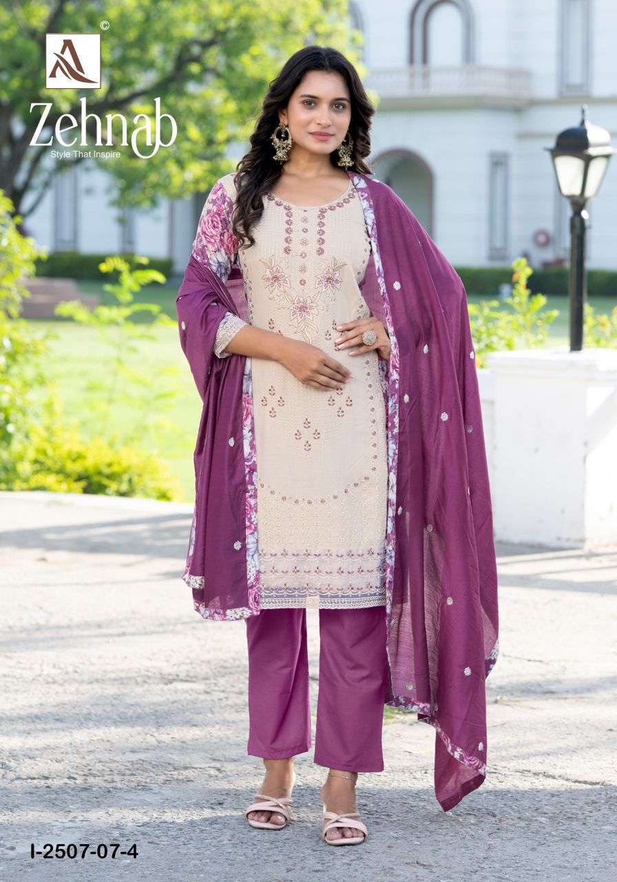 ZEHNAB SERIES 2507 BY ALOK SUITS DESIGNER DIGITAL PRINTED AND EMBROIDERY WORK VISCOSE RAYON SUITS ARE AVAILABLE AT WHOLESALE PRICE 