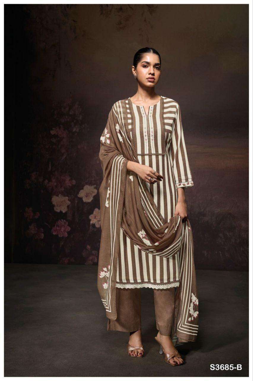 ZIANA SERIES 3685 BY GANGA DESIGNER PRINTED WITH EMBROIDERY AND HAND WORK COTTON LINEN SUITS ARE AVAILABLE AT WHOLESALE PRICE