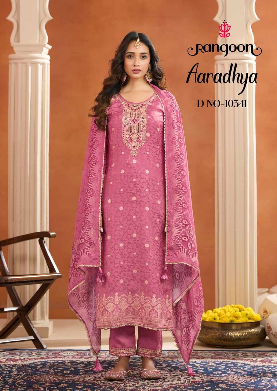 AARADHYA SERIES 10341 TO 10344 BY RANGOON DESIGNER CODE WORK AND KHATLI HAND WORK MUSLIN JACQUARD TOP WITH BOTTOM AND DUPATTA ARE AVAILABLE AT WHOLESALE PRICE