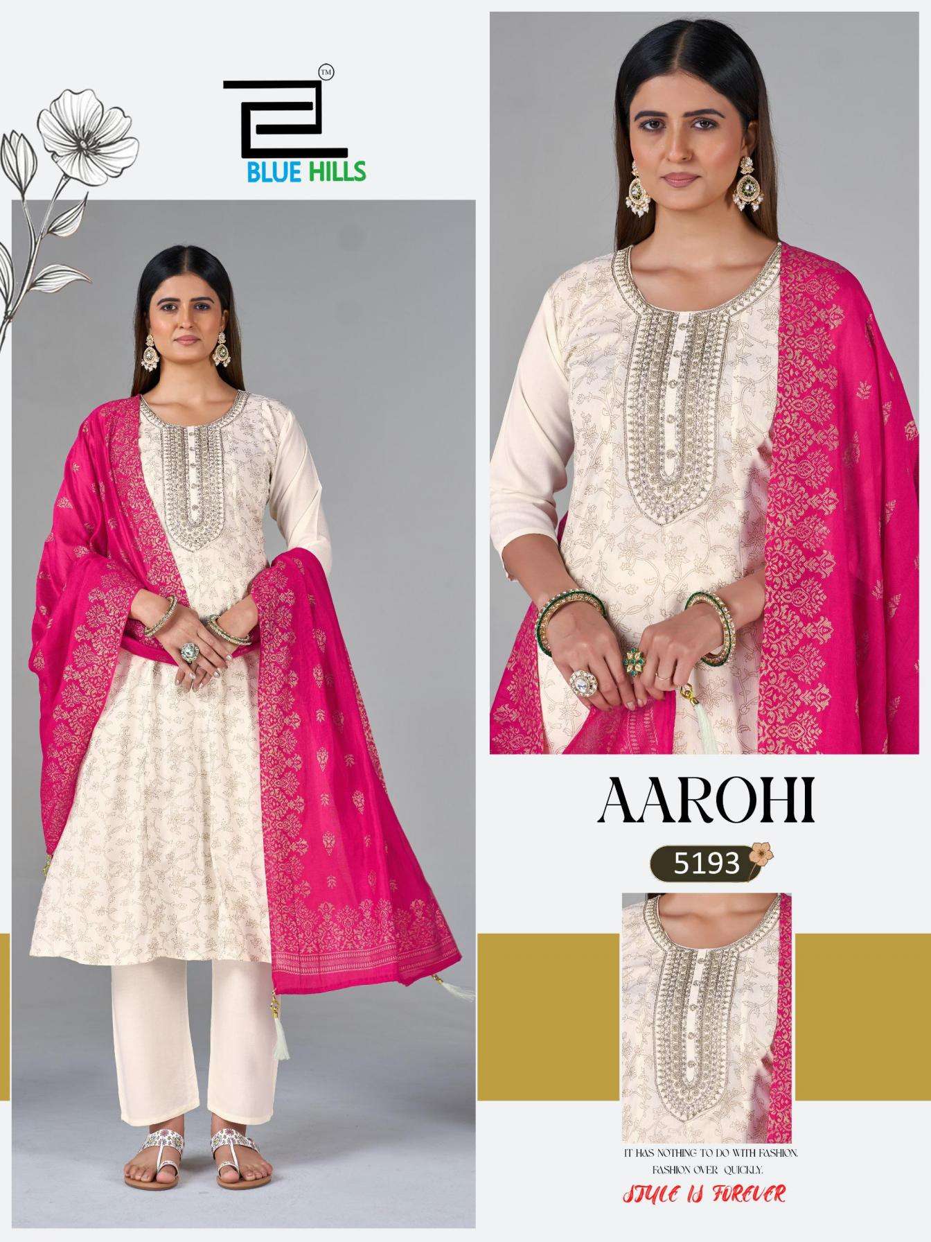 AAROHI SERIES 5193 TO 5196 BY BLUE HILLS DESIGNER FOIL PRINT AND EMBROIDERY WORK RAYON KURTI WITH BOTTOM AND DUPATTA ARE AVAILABLE AT WHOLESALE PRICE 