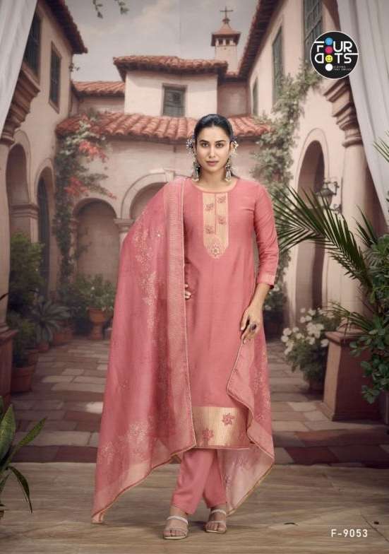 ADIRA SERIES 9051 TO 9054 BY FOUR DOTS DESIGNER HAND WORK MUSLIN JACQUARD SUITS ARE AVAILABLE AT WHOLESALE PRICE