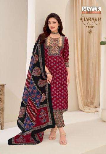AJARAKH VOL-11 SERIES 11001 TO 11010 BY MAYUR DESIGNER PRINTED AND EMBROIDERY WORK COTTON READYMADE SUITS ARE AVAILABLE AT WHOLESALE PRICE