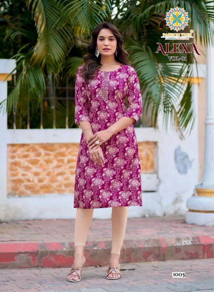 ALEXA VOL-1 SERIES 1001 TO 1010 KURTI BY PASSION TREE DESIGNER PRINTED AND EMBROIDERY WORK RAYON KURTIS ARE AVAILABLE AT WHOLESALE PRICE 