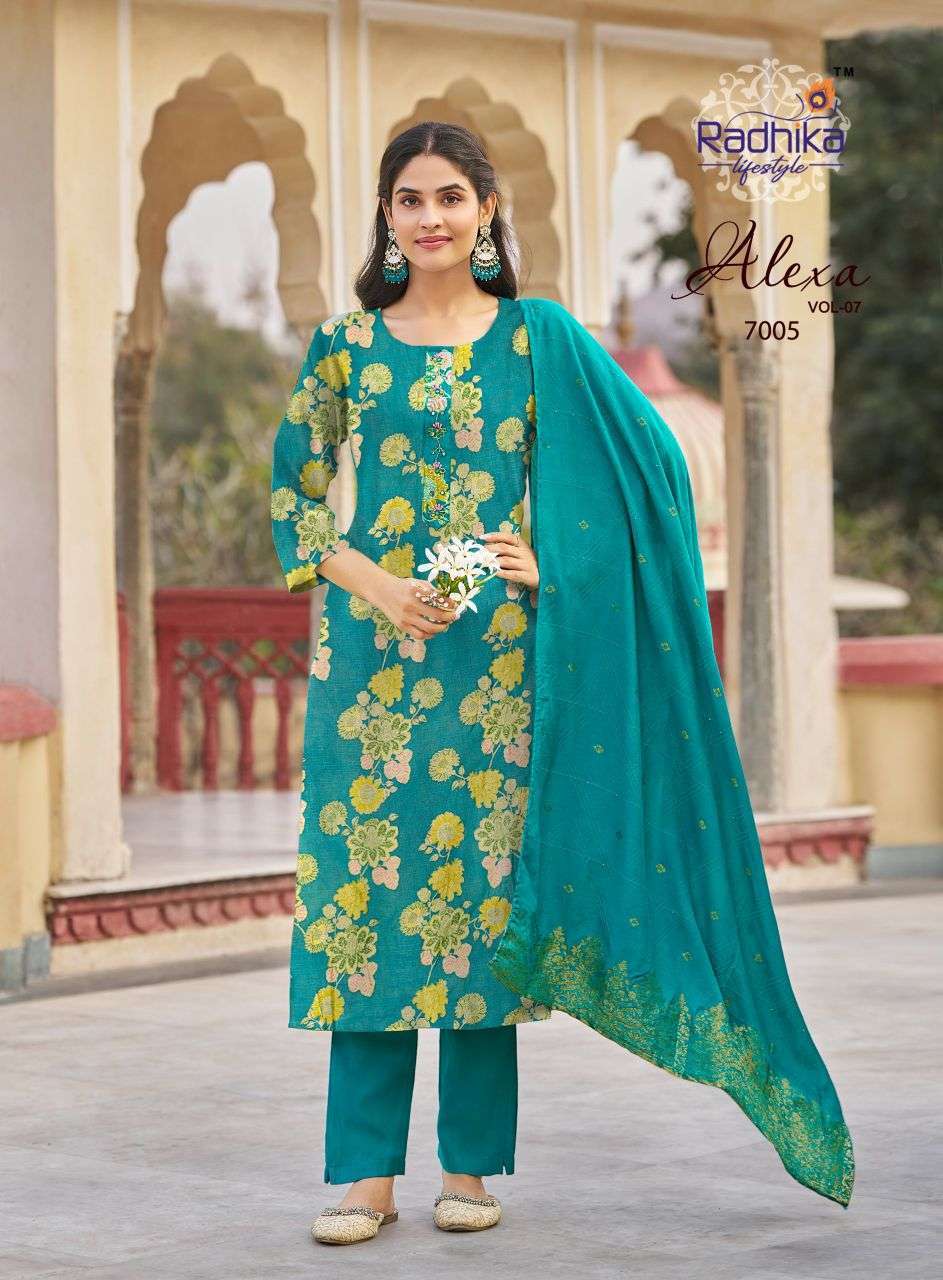 ALEXA VOL-7 SERIES 7001 TO 7008 BY RADHIKA LIFESTYLE DESIGNER FOIL PRINTED AND WORK VATICAN TOP WITH BOTTOM AND DUPATTA ARE AVAILABLE AT WHOLESALE PRICE