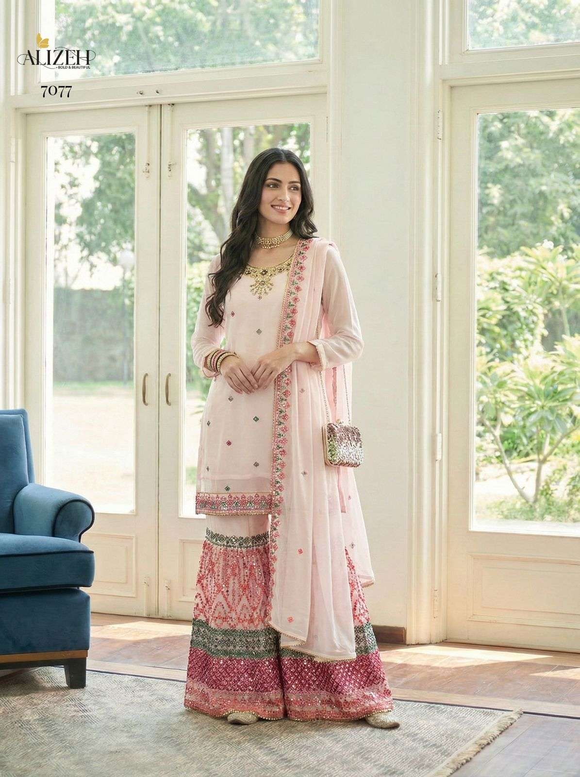 ALIZEH SERIES 7077 TO 7078 DESIGNER WORK GEORGETTE SHARARA READYMADE SUITS ARE AVAILABLE AT WHOLESALE PRICE 