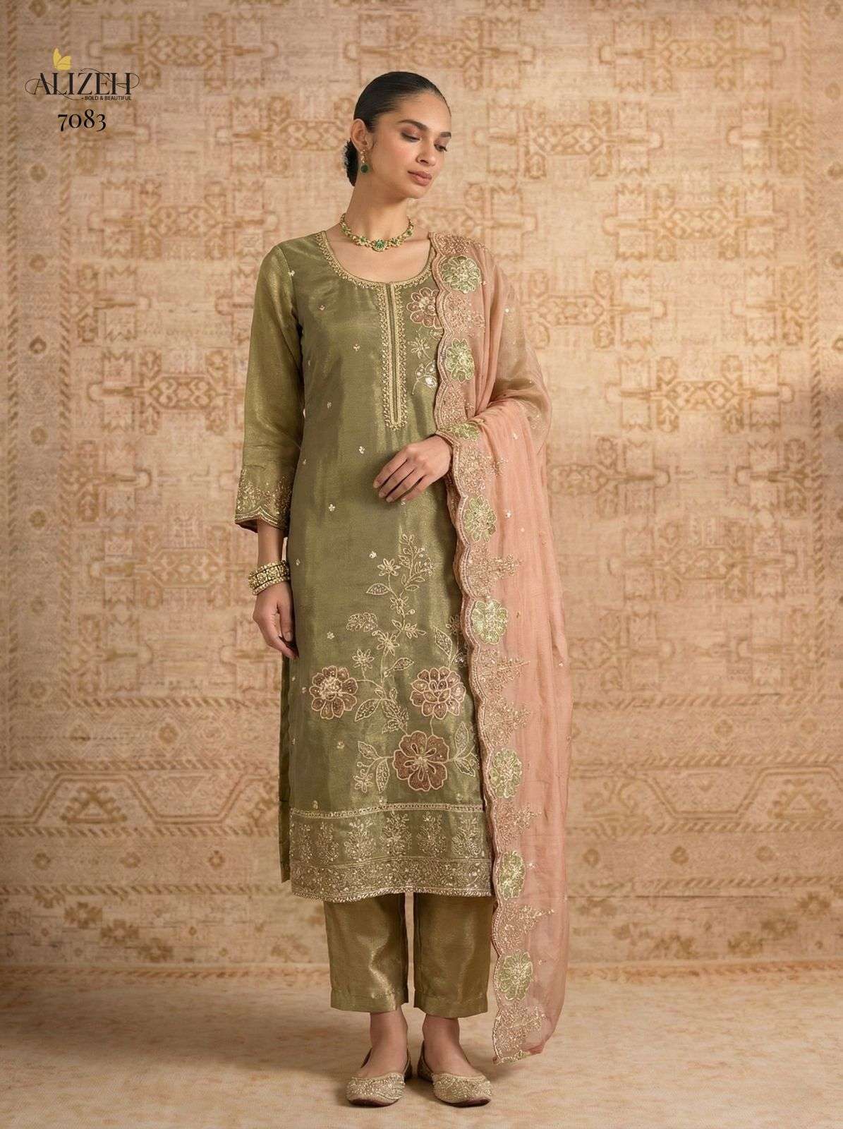 ALIZEH SERIES 7081 TO 7084 DESIGNER HEAVY WORK READYMADE SHIMMER SILK SUITS ARE AVAILABLE AT WHOLESALE PRICE 