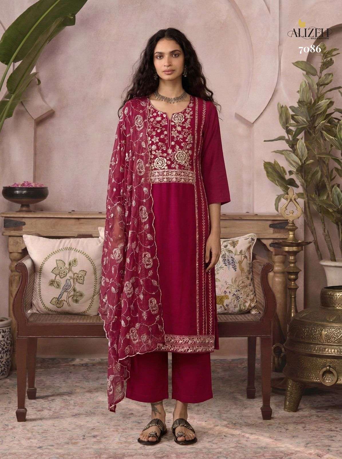 ALIZEH SERIES 7085 TO 7088 DESIGNER WORK ORGANZA STRAIGHT SUITS ARE AVAILABLE AT WHOLESALE PRICE