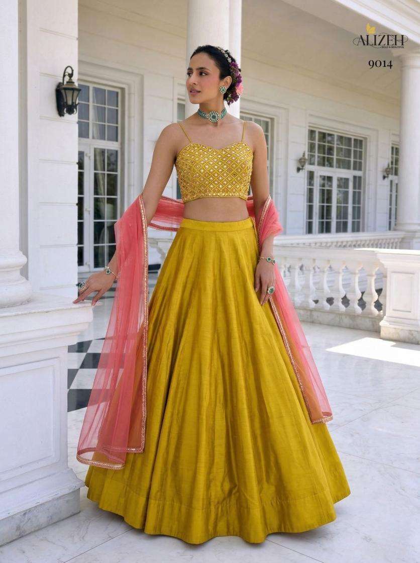 ALIZEH SERIES 9014 TO 9016 DESIGNER FANCY WORK READYMADE SILK LEHENGAS ARE AVAILABLE AT WHOLESALE PRICE