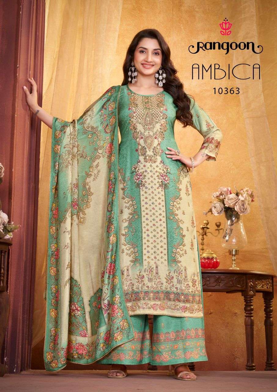 AMBICA SERIES 10331 TO 10334 BY RANGOON DESIGNER DIGITAL PRINTED AND AARI WORK TOP WITH BOTTOM AND DUPATTA ARE AVAILABLE AT WHOLESALE PRICE