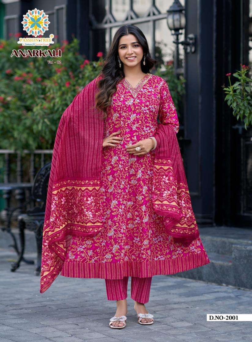 ANARKALI VOL-2 SERIES 2001 TO 2008 BY PASSION TREE DESIGNER PRINTED AND EMBROIDERY WORK COTTON ANARKALI KURTI WITH BOTTOM AND DUPATTA ARE AVAILABLE AT WHOLESALE PRICE