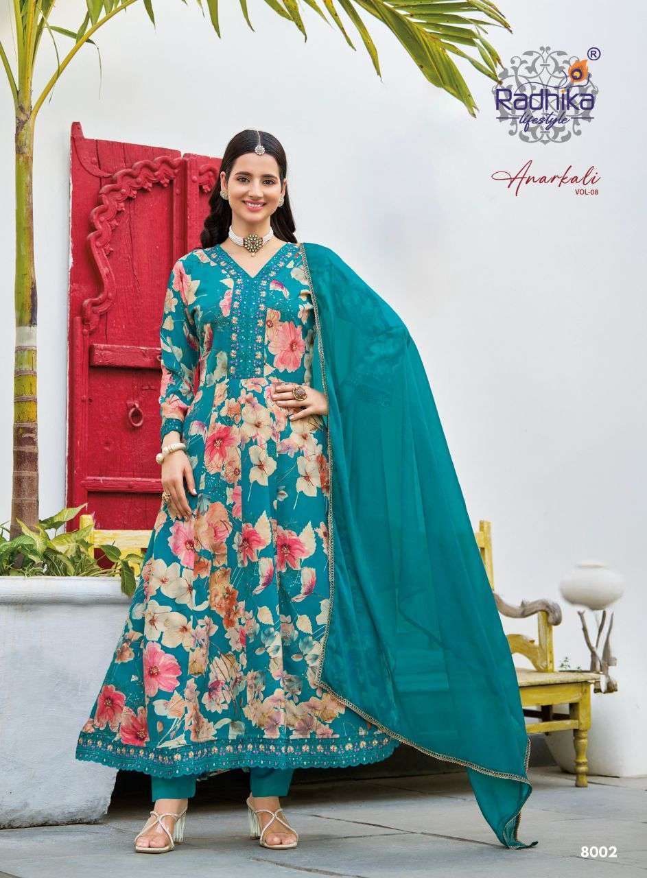 ANARKALI VOL-8 SERIES 8001 TO 8006 BY RADHIKA LIFESTYLE DESIGNER FOIL PRINTED AND EMBROIDERY WORK RAYON ANARKALI KURTI WITH BOTTOM AND DUPATTA ARE AVAILABLE AT WHOLESALE PRICE 