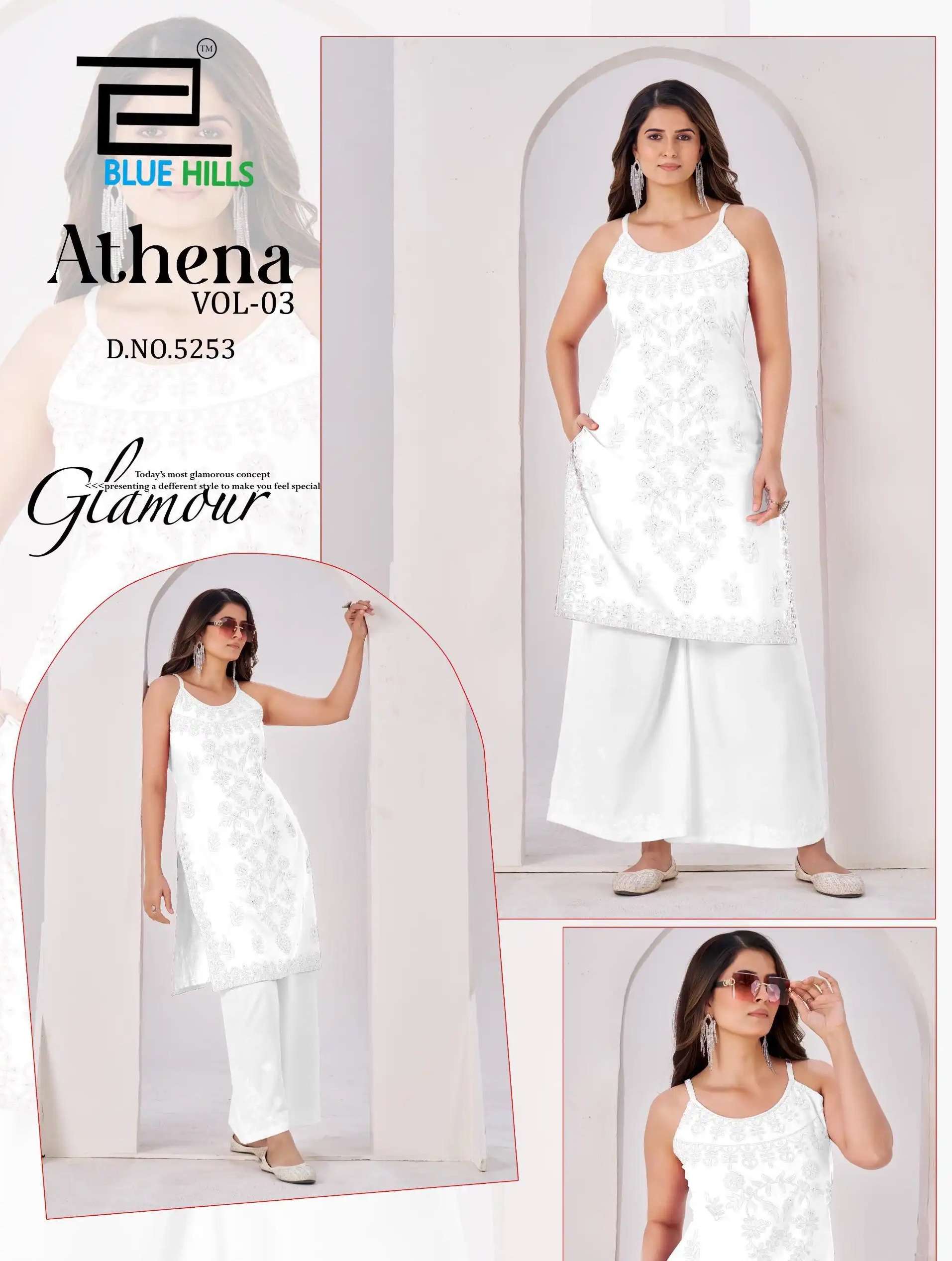 ATHENA VOL-3 SERIES 5253 TO 5258 BY BLUE HILLS DESIGNER EMBROIDERY WORK RAYON KURTI ARE AVAILABLE AT WHOLESALE PRICE