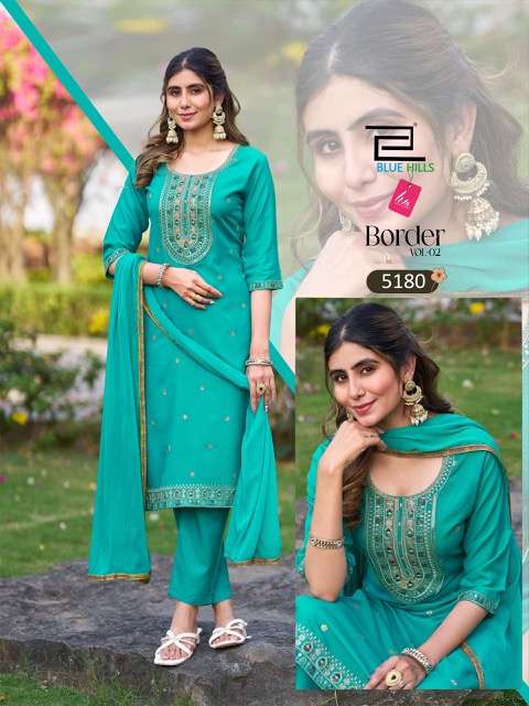 BORDER VOL-2 SERIES 5180 TO 5185 BY BLUE HILLS DESIGNER EMBROIDERY WORK RAYON KURTI WITH BOTTOM AND DUPATTA ARE AVAILABLE AT WHOLESALE PRICE