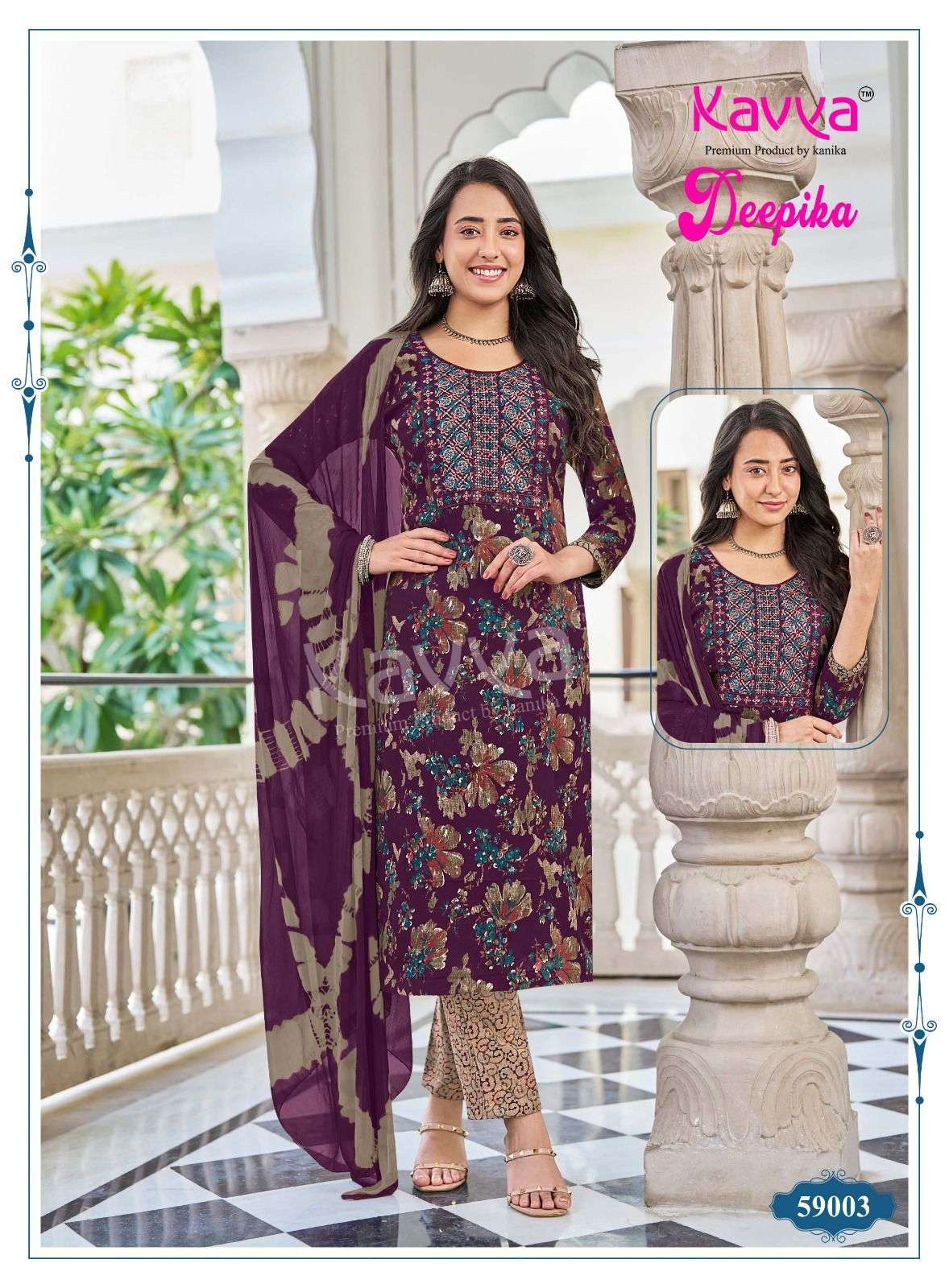 DEEPIKA VOL-59 SERIES 59001 TO 59010 BY KAVYA DESIGNER PRINTED AND WORK CAPSULE KURTI WITH BOTTOM AND DUPATTA ARE AVAILABLE AT WHOLESALE PRICE