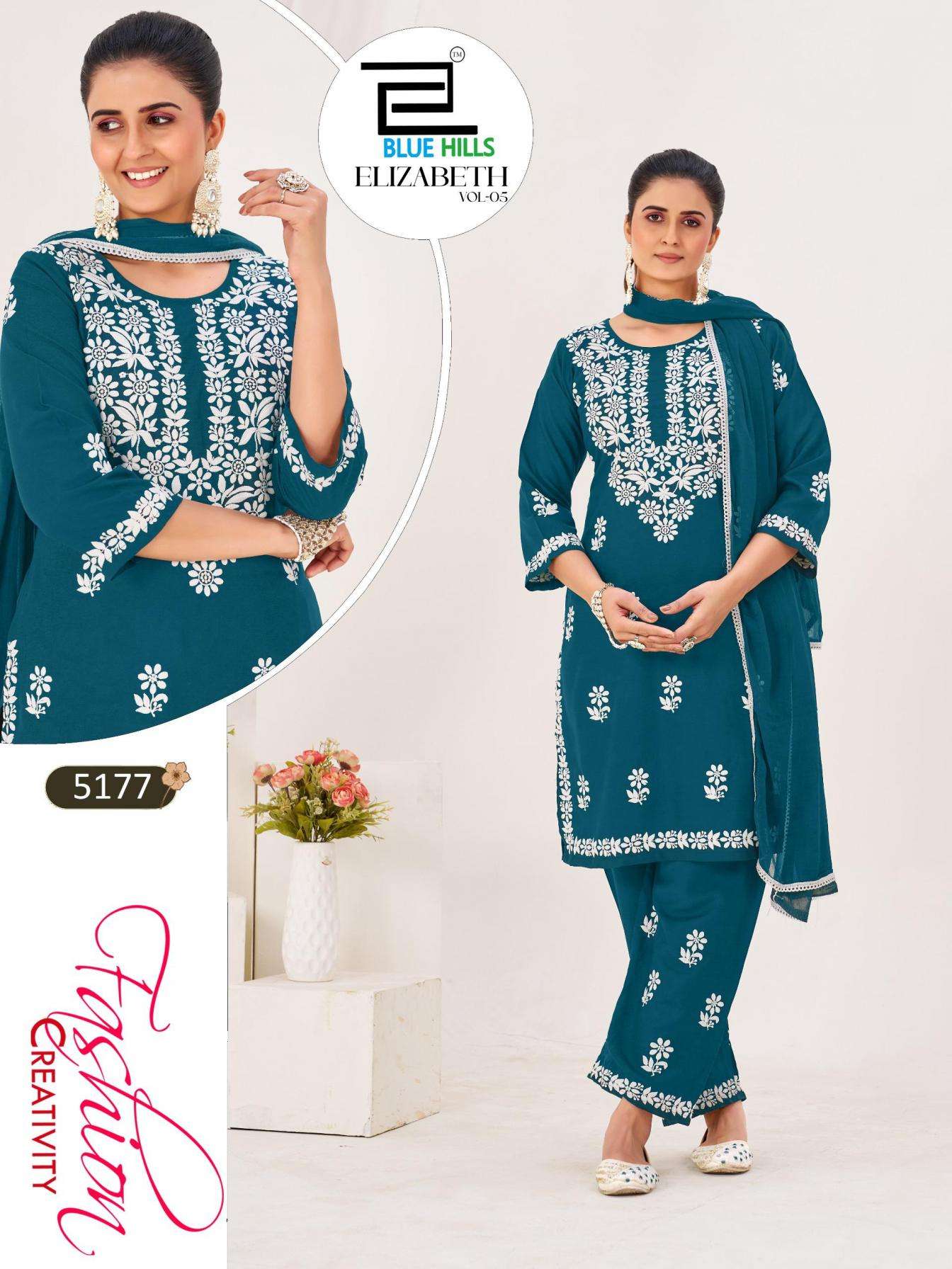 ELIZABETH VOL-5 SERIES 5176 TO 5179 BY BLUE HILLS DESIGNER RAYON WORK KURTI WITH PANT AND DUPATTA ARE AVAILABLE AT WHOLESALE PRICE
