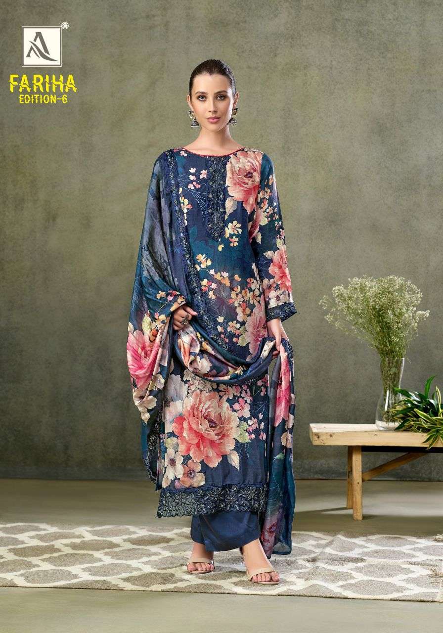 FARIHA EDITION-6 SERIES 2243 BY ALOK SUITS DESIGNER DIGITAL PRINTED AND EMBROIDERY WORK MUSLIN SILK SUITS ARE AVAILABLE AT WHOLESALE PRICE