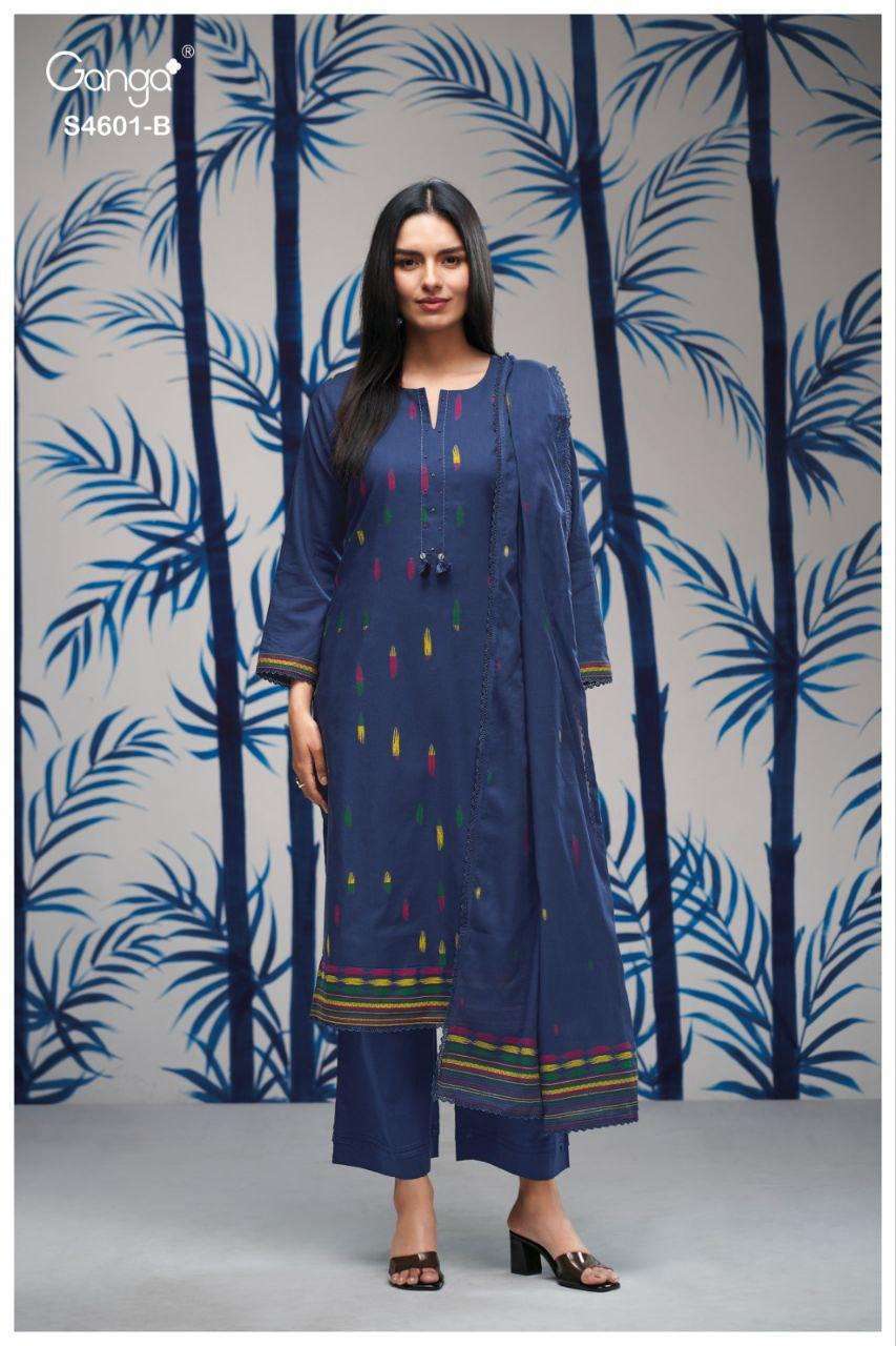 FARIQA SERIES 4601 BY GANGA DESIGNER EMBROIDERY AND SCHIFFLI EMBROIDERY WORK COTTON JACQUARD SUITS ARE AVAILABLE AT WHOLESALE PRICE